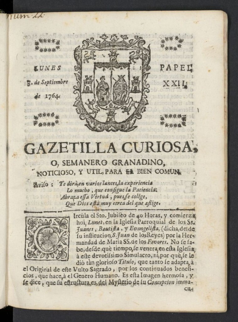 Miniatura de Gazetilla Curiosa o Semanero granadino noticioso del 3 de septiembre de 1764, nº 22
