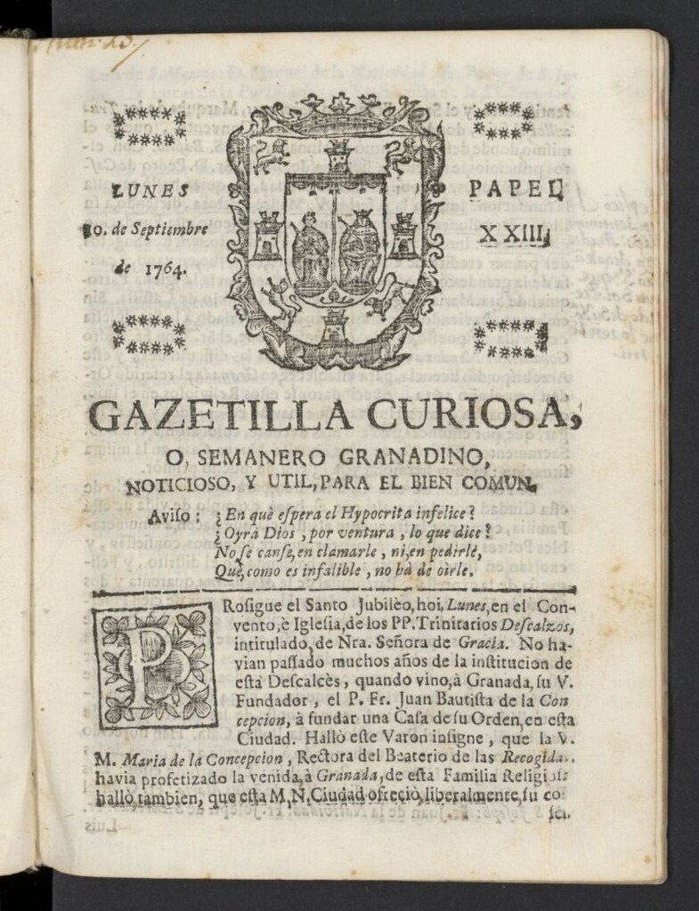 Miniatura de Gazetilla Curiosa o Semanero granadino noticioso del 10 de septiembre de 1764, nº 23