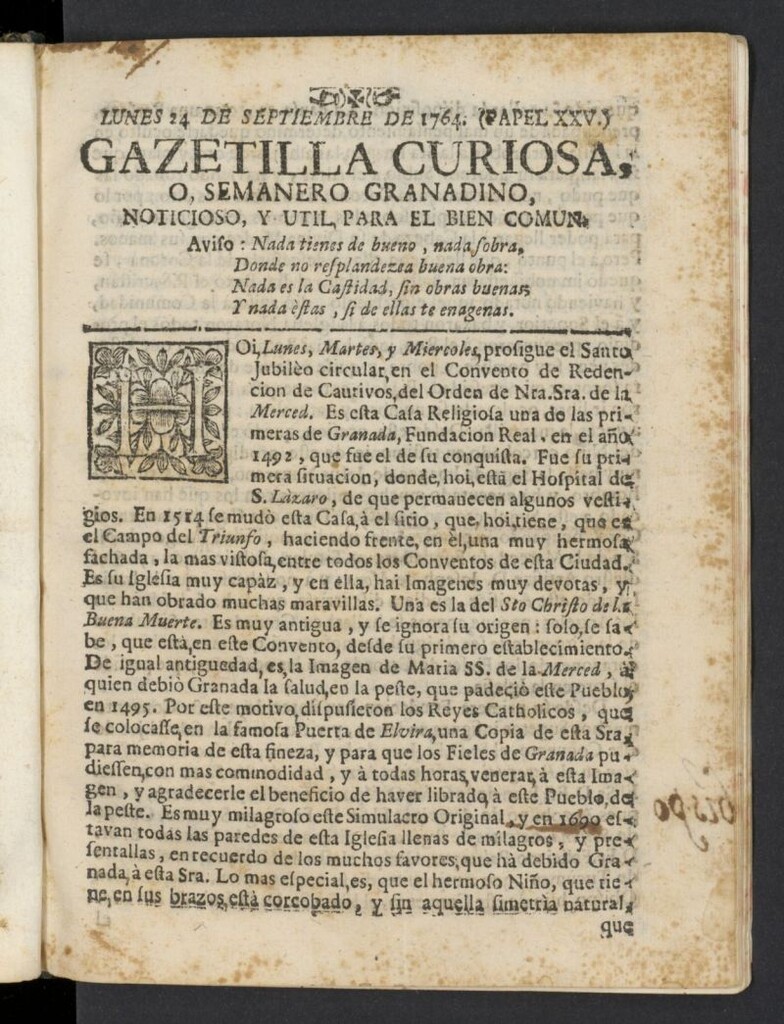 Miniatura de Gazetilla Curiosa o Semanero granadino noticioso del 24 de septiembre de 1764, nº 25