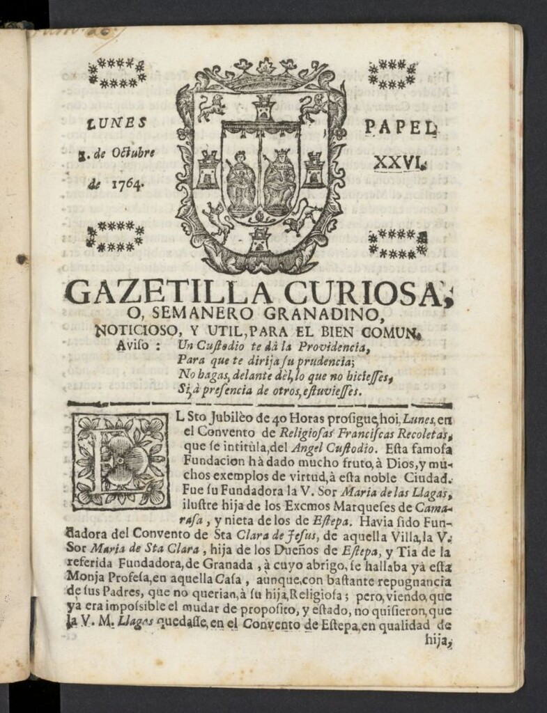 Miniatura de Gazetilla Curiosa o Semanero granadino noticioso del 1 de octubre de 1764, nº 26