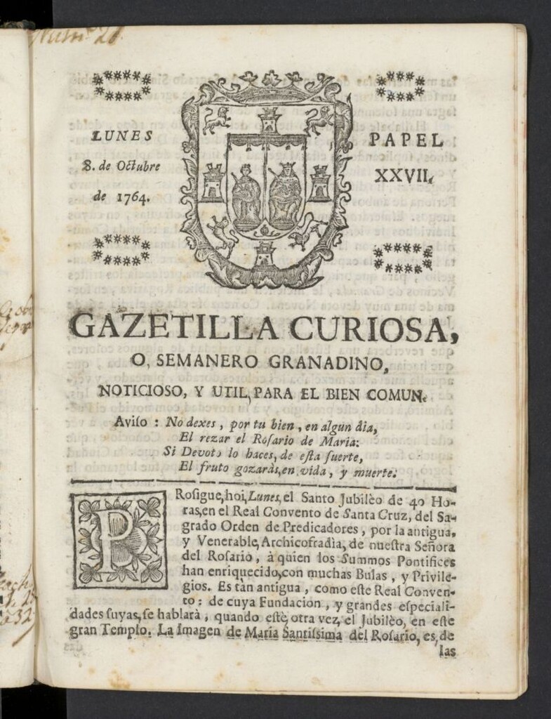 Miniatura de Gazetilla Curiosa o Semanero granadino noticioso del 8 de octubre de 1764, nº 27