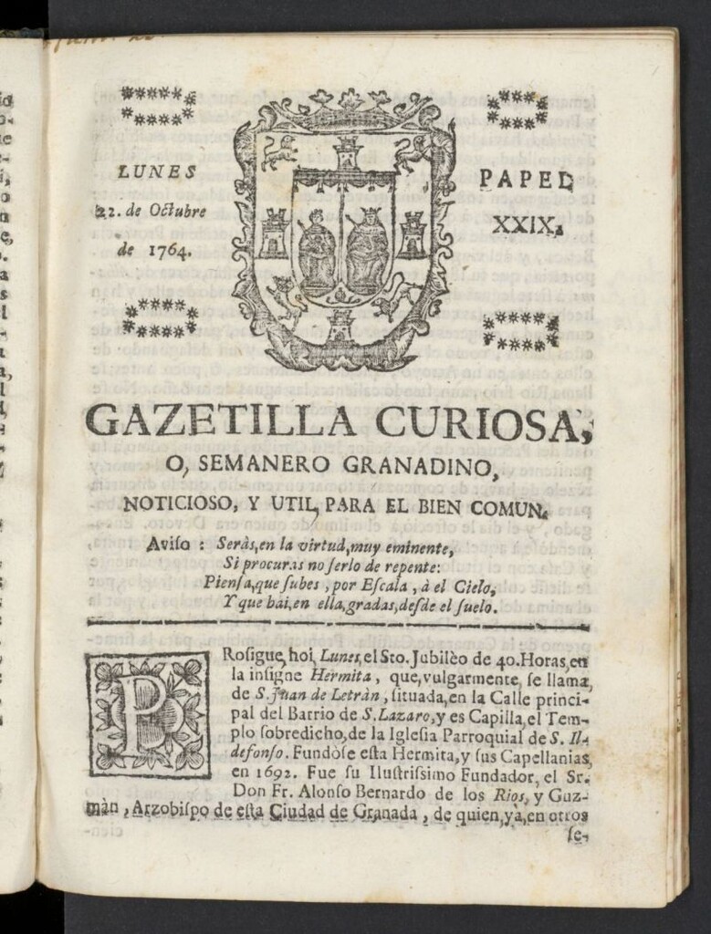 Miniatura de Gazetilla Curiosa o Semanero granadino noticioso del 22 de octubre de 1764, nº 29