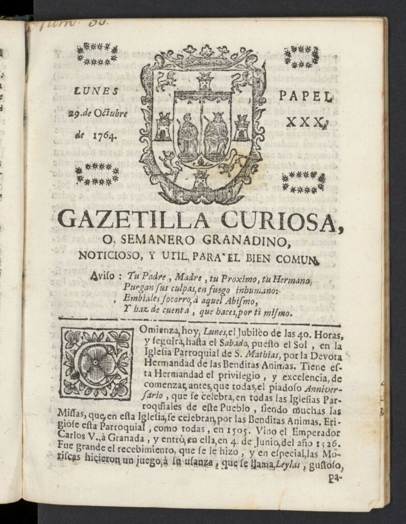 Miniatura de Gazetilla Curiosa o Semanero granadino noticioso del 29 de octubre de 1764, nº 30