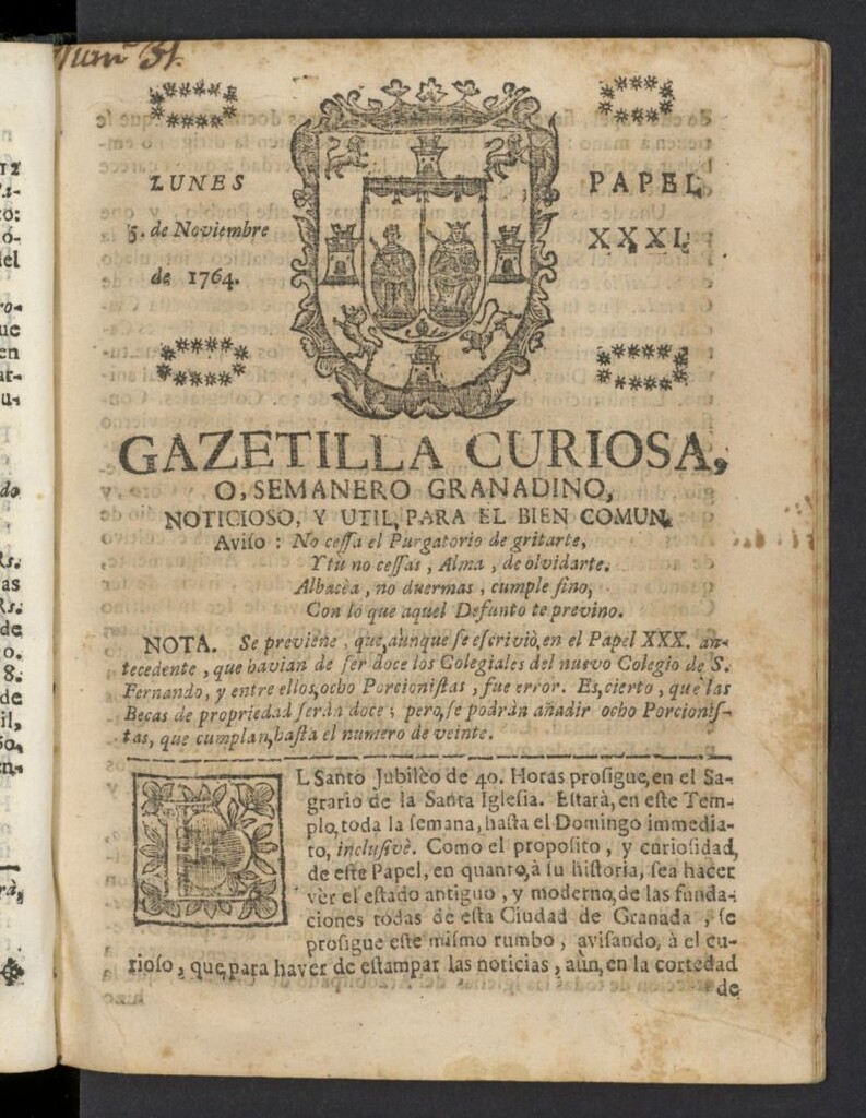 Miniatura de Gazetilla Curiosa o Semanero granadino noticioso del 5 de noviembre de 1764, nº 31
