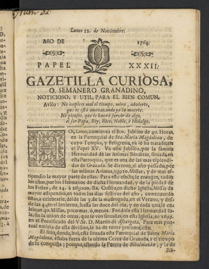 Miniatura de Gazetilla Curiosa o Semanero granadino noticioso del 12 de noviembre de 1764, nº 32