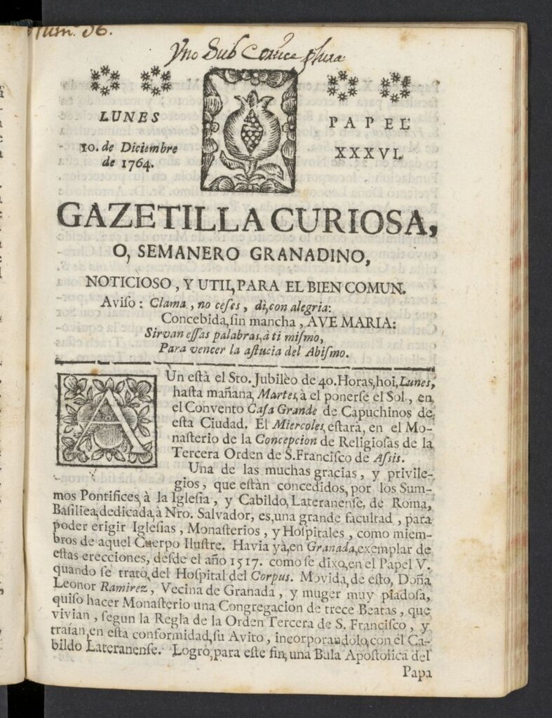Miniatura de Gazetilla Curiosa o Semanero granadino noticioso del 10 de diciembre de 1764, nº 36