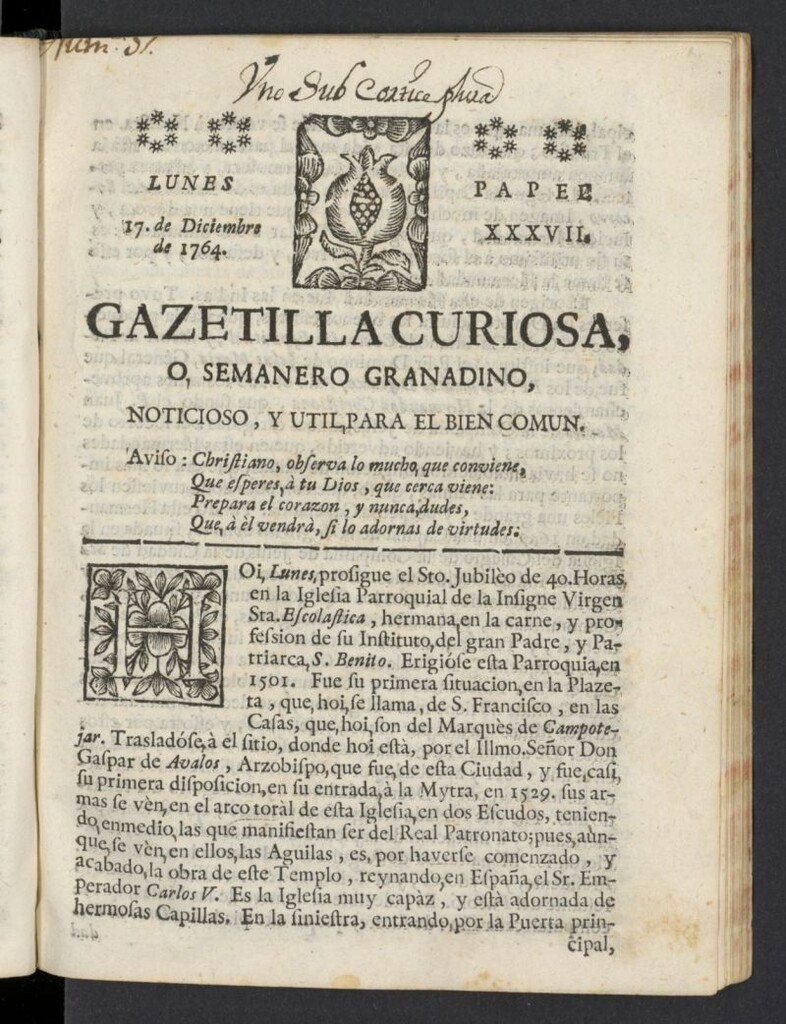 Miniatura de Gazetilla Curiosa o Semanero granadino noticioso del 17 de diciembre de 1764, nº 37