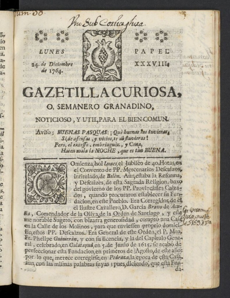 Miniatura de Gazetilla Curiosa o Semanero granadino noticioso del 24 de diciembre de 1764, nº 38