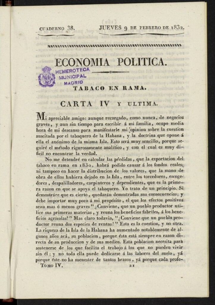 Miniatura de Cartas Españolas del 9 de febrero de 1832, cuaderno 38