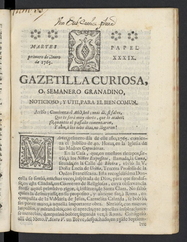 Miniatura de Gazetilla Curiosa o Semanero granadino noticioso del 1 de enero de 1765, nº 39