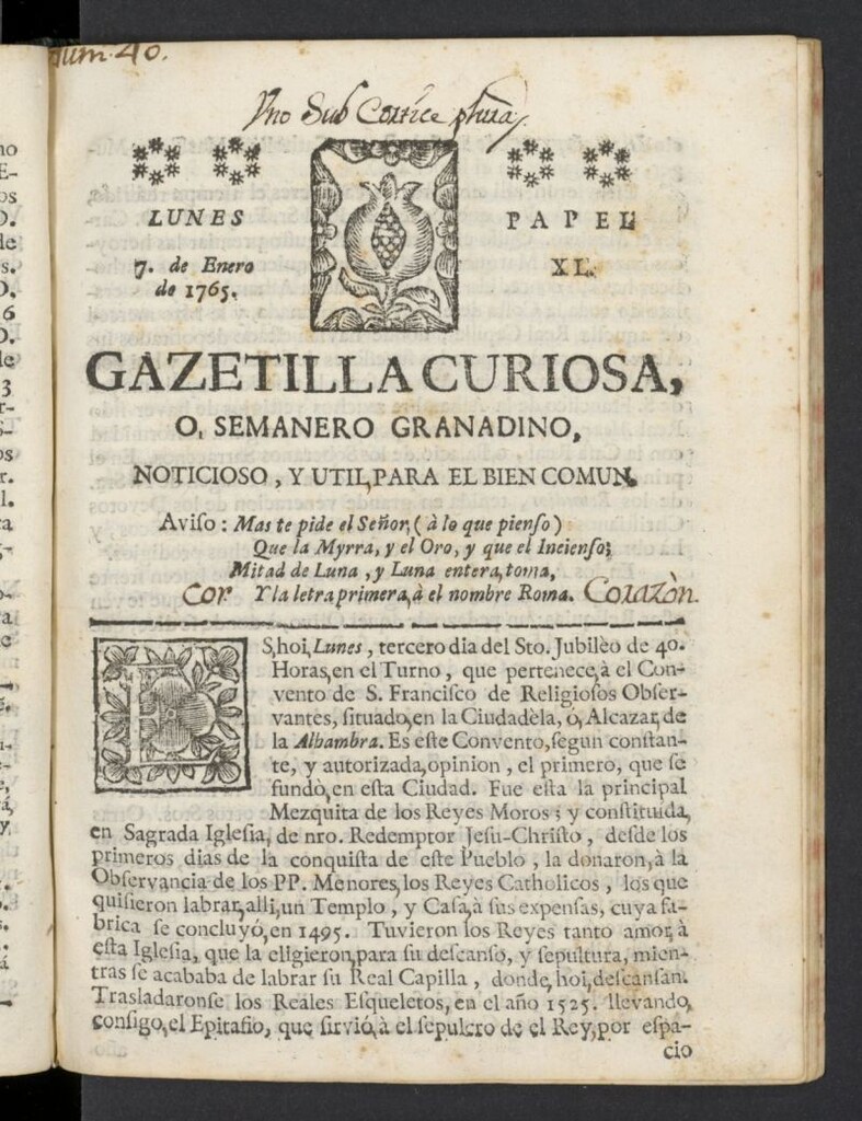 Miniatura de Gazetilla Curiosa o Semanero granadino noticioso del 7 de enero de 1765, nº 40
