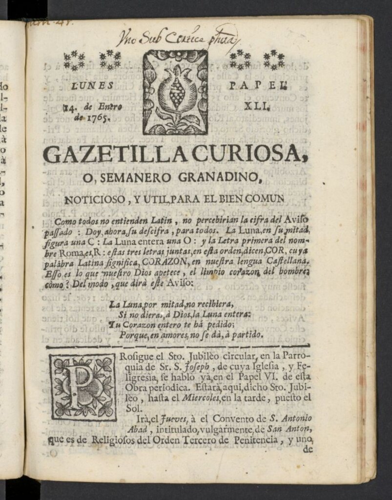 Miniatura de Gazetilla Curiosa o Semanero granadino noticioso del 14 de enero de 1765, nº 41