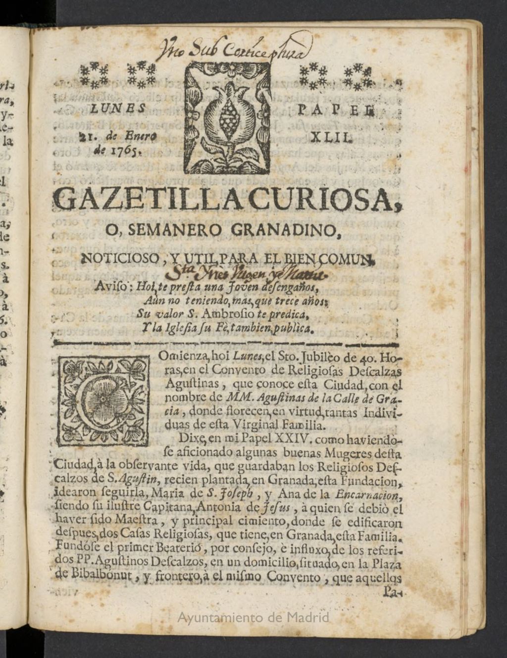 Miniatura de Gazetilla Curiosa o Semanero granadino noticioso del 21 de enero de 1765, nº 42