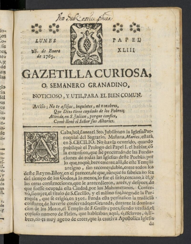 Miniatura de Gazetilla Curiosa o Semanero granadino noticioso del 28 de enero de 1765, nº 43