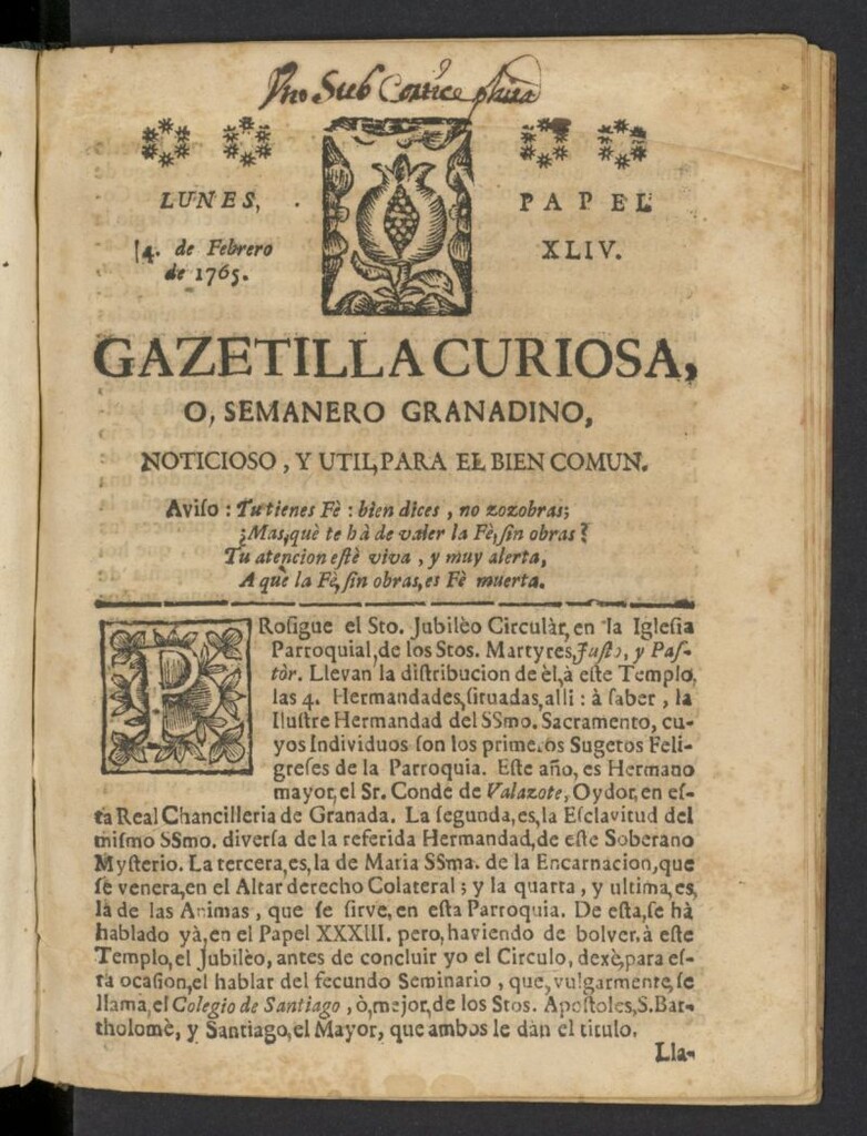 Miniatura de Gazetilla Curiosa o Semanero granadino noticioso del 4 de febrero de 1765, nº 44
