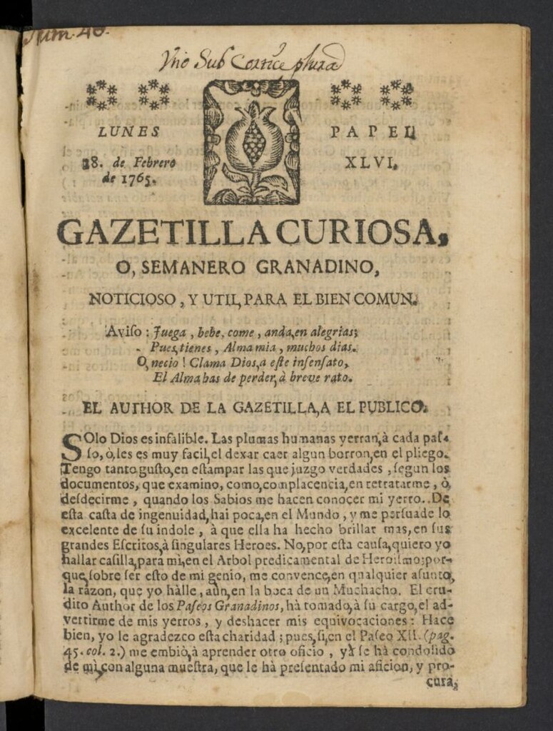Miniatura de Gazetilla Curiosa o Semanero granadino noticioso del 18 de febrero de 1765, nº 46