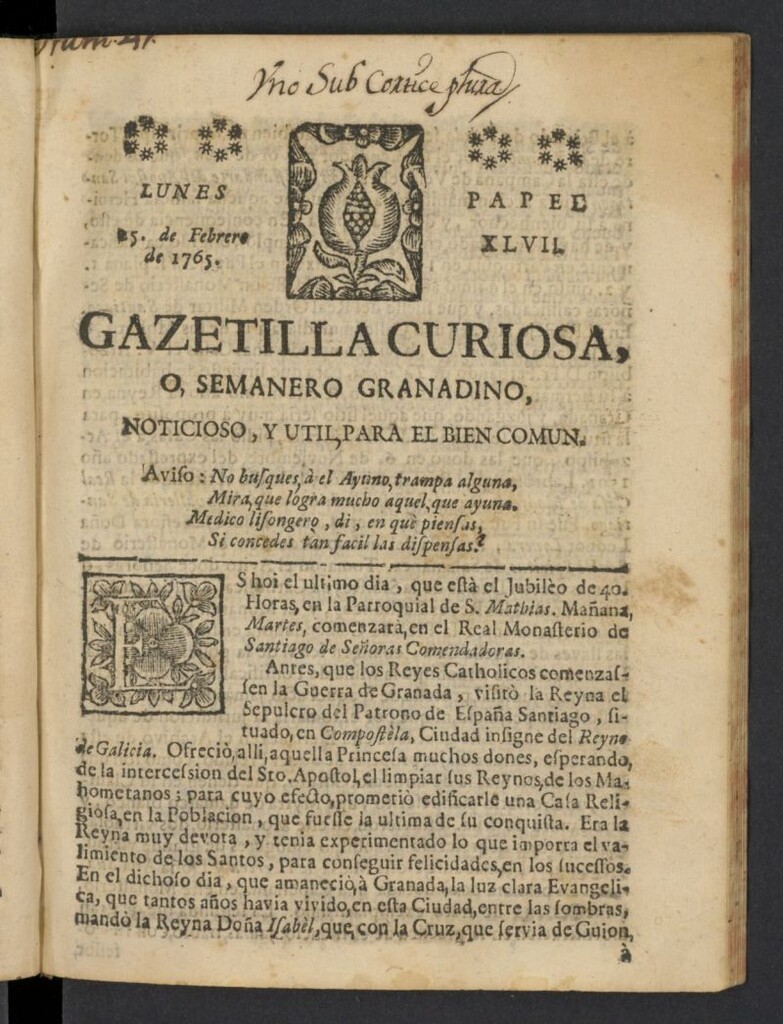 Miniatura de Gazetilla Curiosa o Semanero granadino noticioso del 25 de febrero de 1765, nº 47