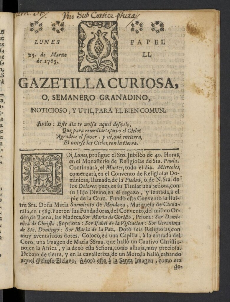 Miniatura de Gazetilla Curiosa o Semanero granadino noticioso del 25 de marzo de 1765, nº 51