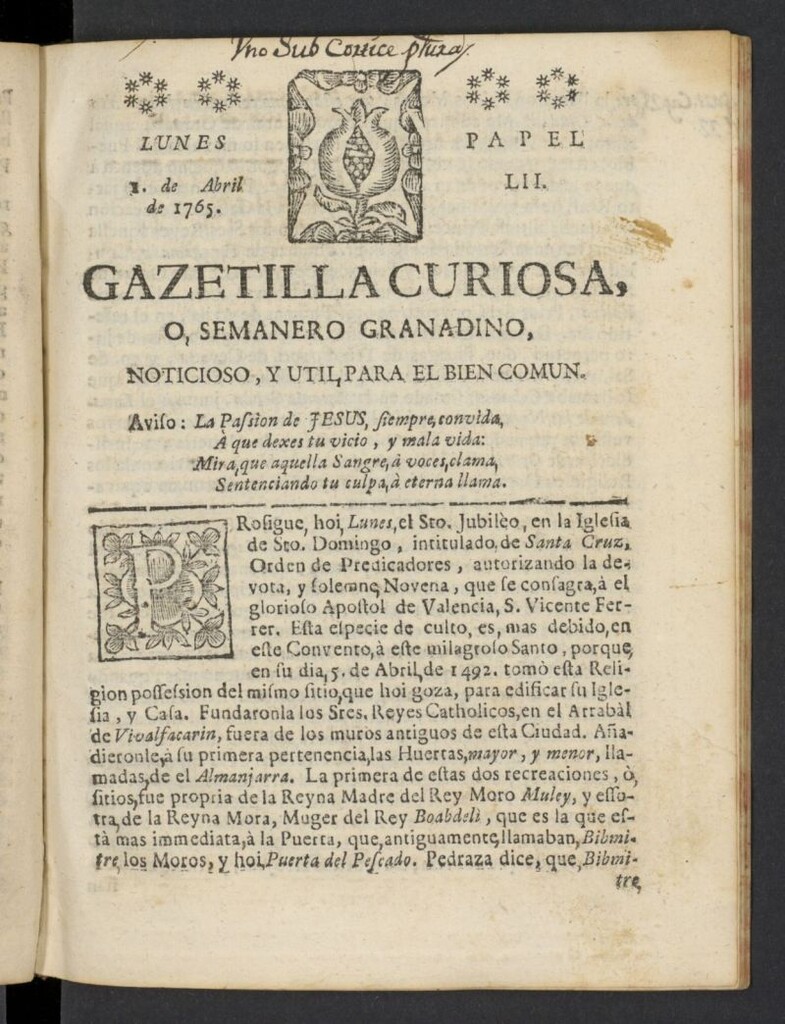Miniatura de Gazetilla Curiosa o Semanero granadino noticioso del 1 de abril de 1765, nº 52