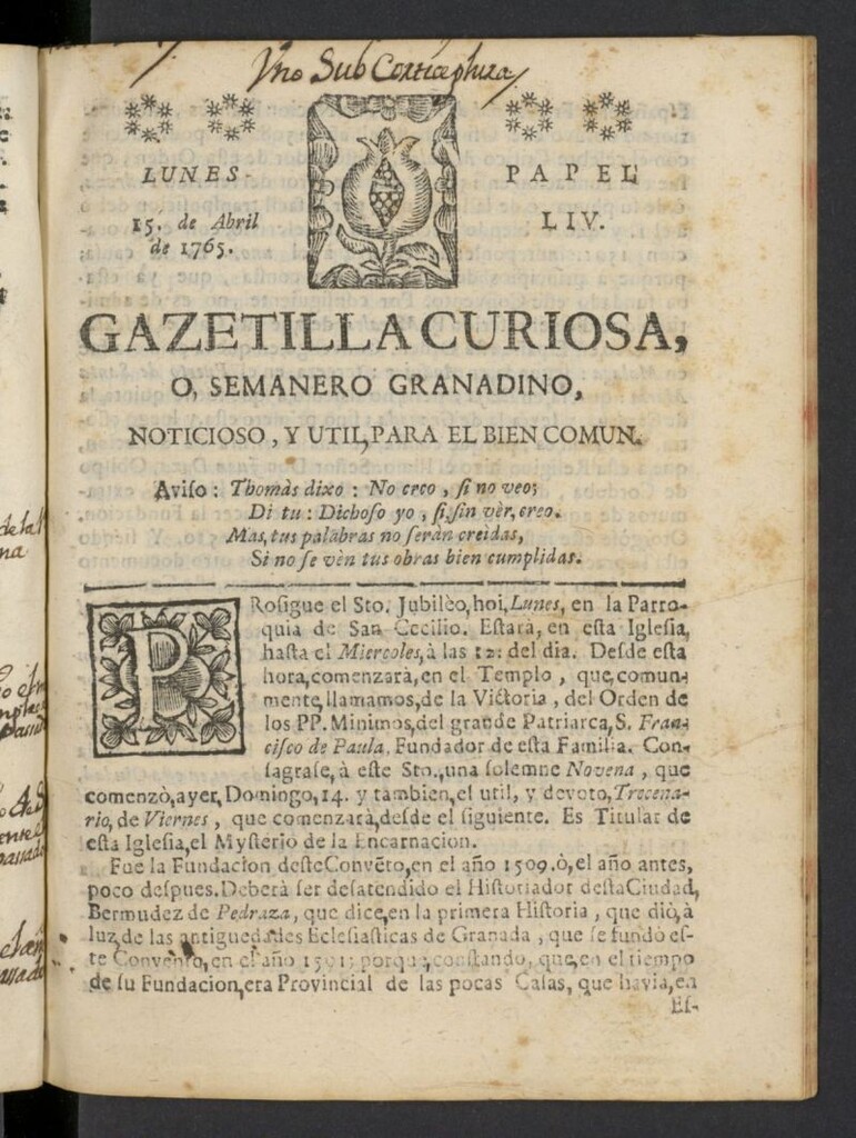 Miniatura de Gazetilla Curiosa o Semanero granadino noticioso del 15 de abril de 1765, nº 54