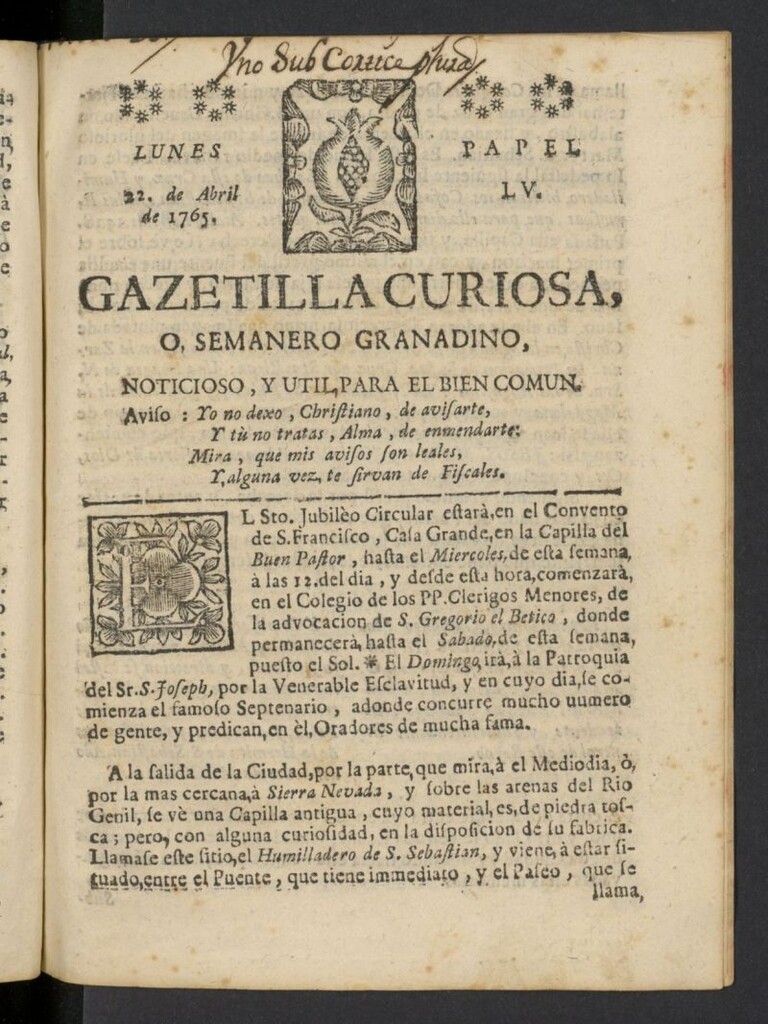 Miniatura de Gazetilla Curiosa o Semanero granadino noticioso del 22 de abril de 1765, nº 55