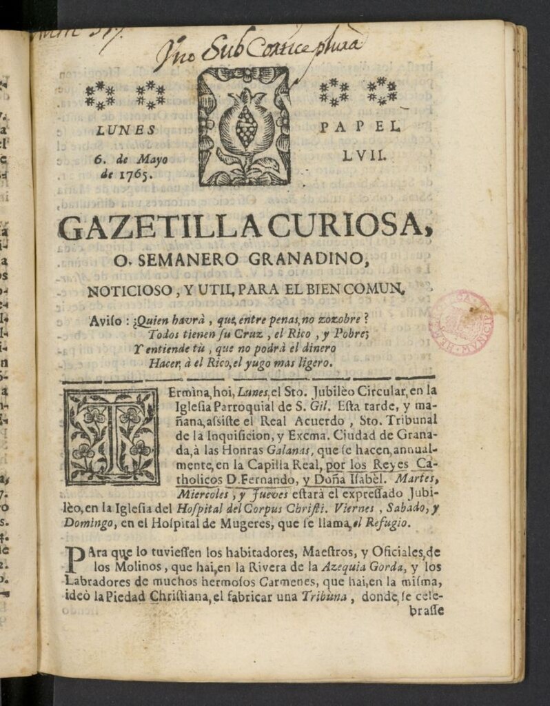Miniatura de Gazetilla Curiosa o Semanero granadino noticioso del 6 de mayo de 1765, nº 57