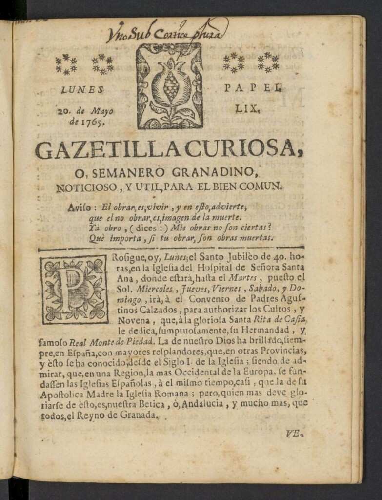 Miniatura de Gazetilla Curiosa o Semanero granadino noticioso del 20 de mayo de 1765, nº 59