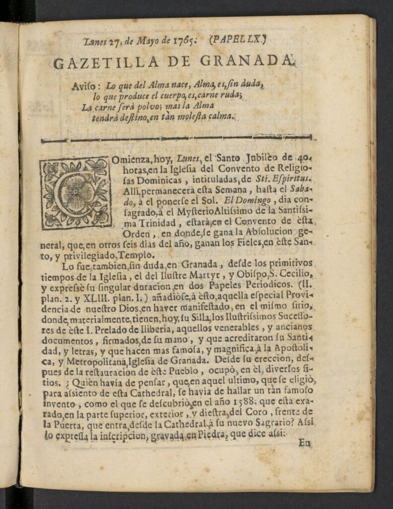 Miniatura de Gazetilla Curiosa o Semanero granadino noticioso del 27 de mayo de 1765, nº 60