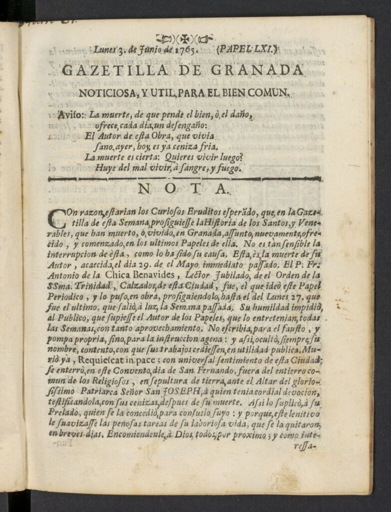 Miniatura de Gazetilla Curiosa o Semanero granadino noticioso del 3 de junio de 1765, nº 61