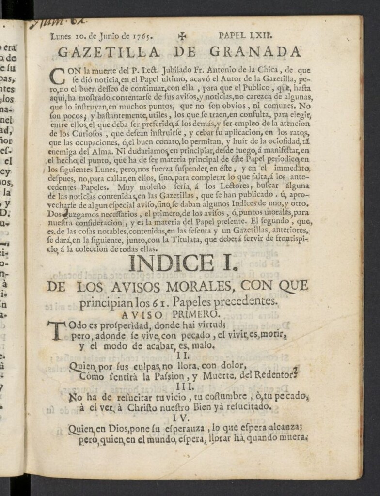 Miniatura de Gazetilla Curiosa o Semanero granadino noticioso del 10 de junio de 1765, nº 62