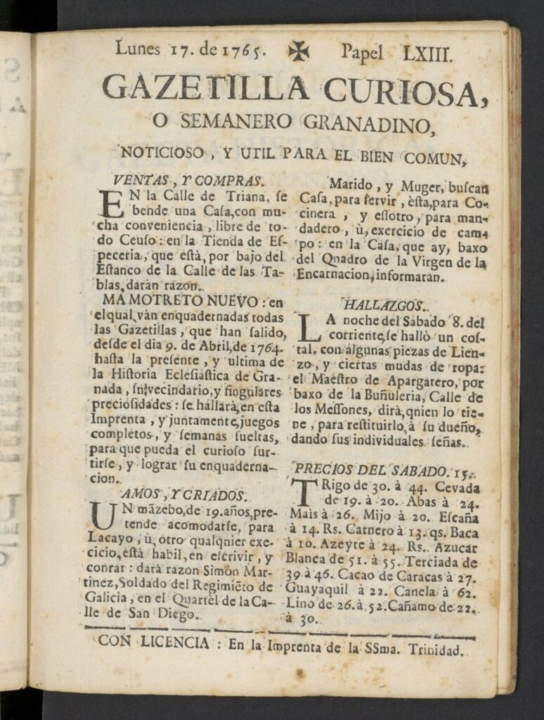 Miniatura de Gazetilla Curiosa o Semanero granadino noticioso del 17 de junio de 1765, nº 63
