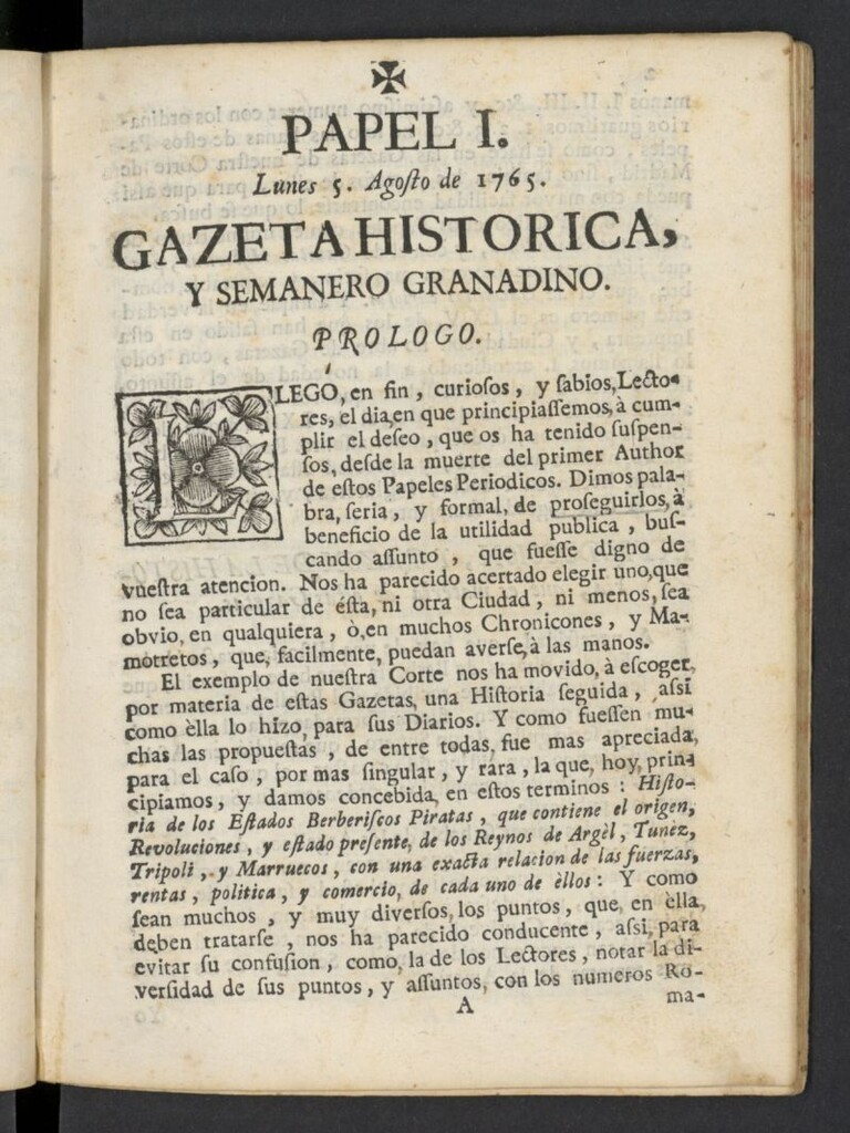 Miniatura de Gazeta histórica y semanero granadino del 5 de agosto de 1765, nº 1