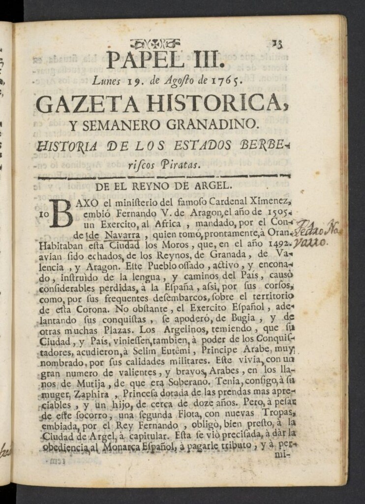 Miniatura de Gazeta histórica y semanero granadino del 19 de agosto de 1765, nº 3