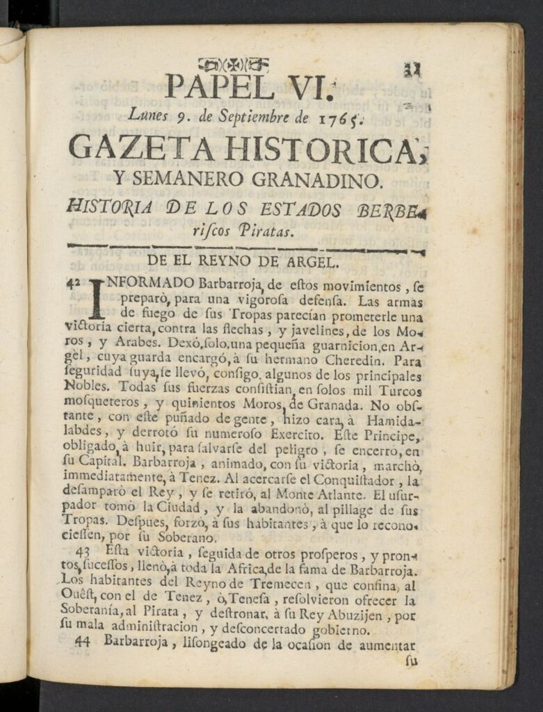 Miniatura de Gazeta histórica y semanero granadino del 9 de septiembre de 1765, nº 6