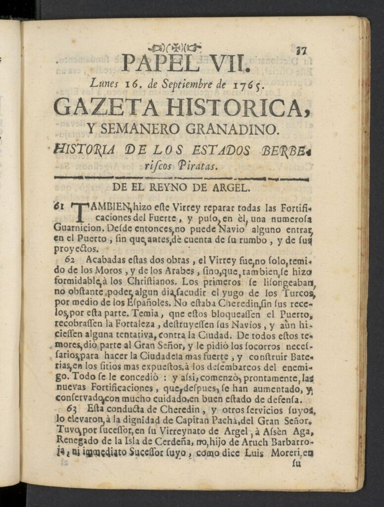 Miniatura de Gazeta histórica y semanero granadino del 16 de septiembre de 1765, nº 7