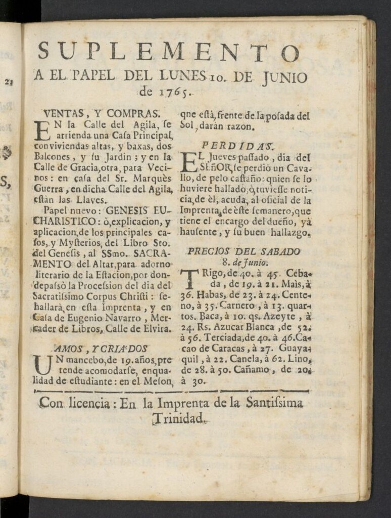 Miniatura de Gazetilla Curiosa o Semanero granadino noticioso del 10 de junio de 1765, suplemento al nº 62