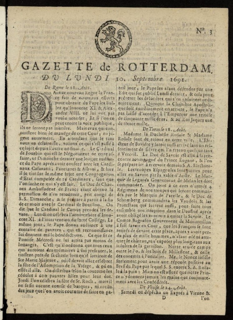 Miniatura de Gazette de Rotterdam del 10 de septiembre de 1691, nº 3 [sic]