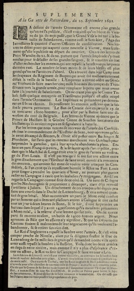 Miniatura de Gazette de Rotterdam del 10 de septiembre de 1691, suplemento al nº  3