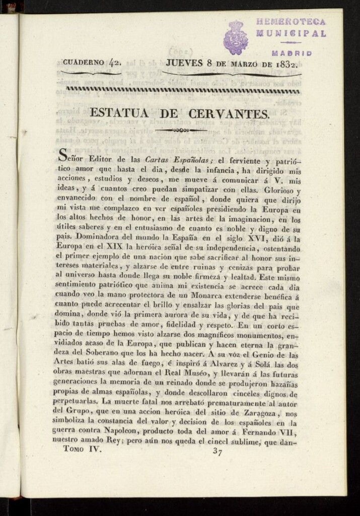 Miniatura de Cartas Españolas del 8 de marzo de 1832, cuaderno 42
