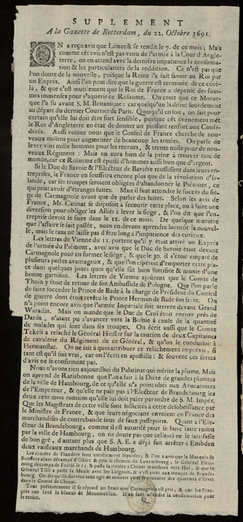 Miniatura de Gazette de Rotterdam del 22 de octubre de 1691, suplemento al nº 9