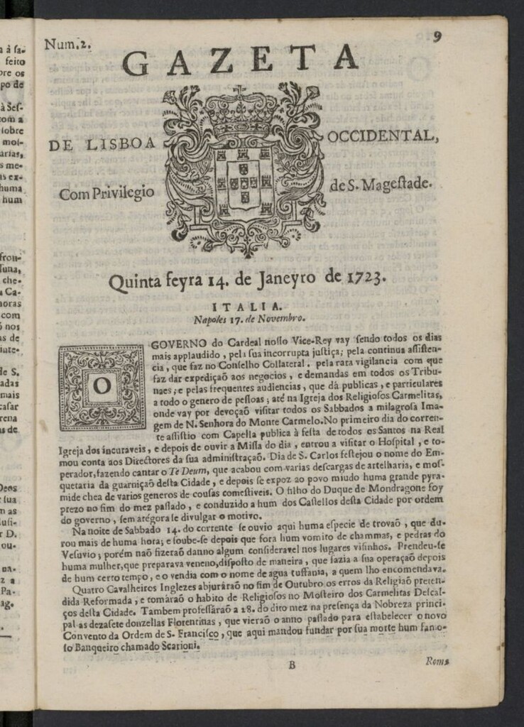 Miniatura de Gazeta de Lisboa Occidental del 14 de enero de 1723, nº 2