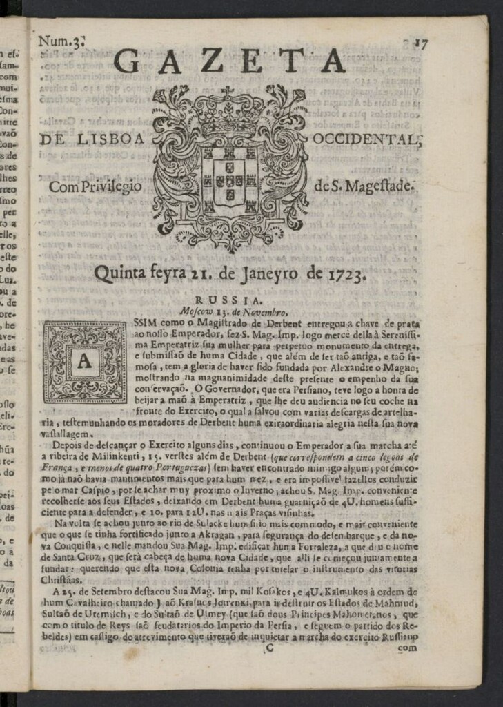 Miniatura de Gazeta de Lisboa Occidental del 21 de enero de 1723, nº 3