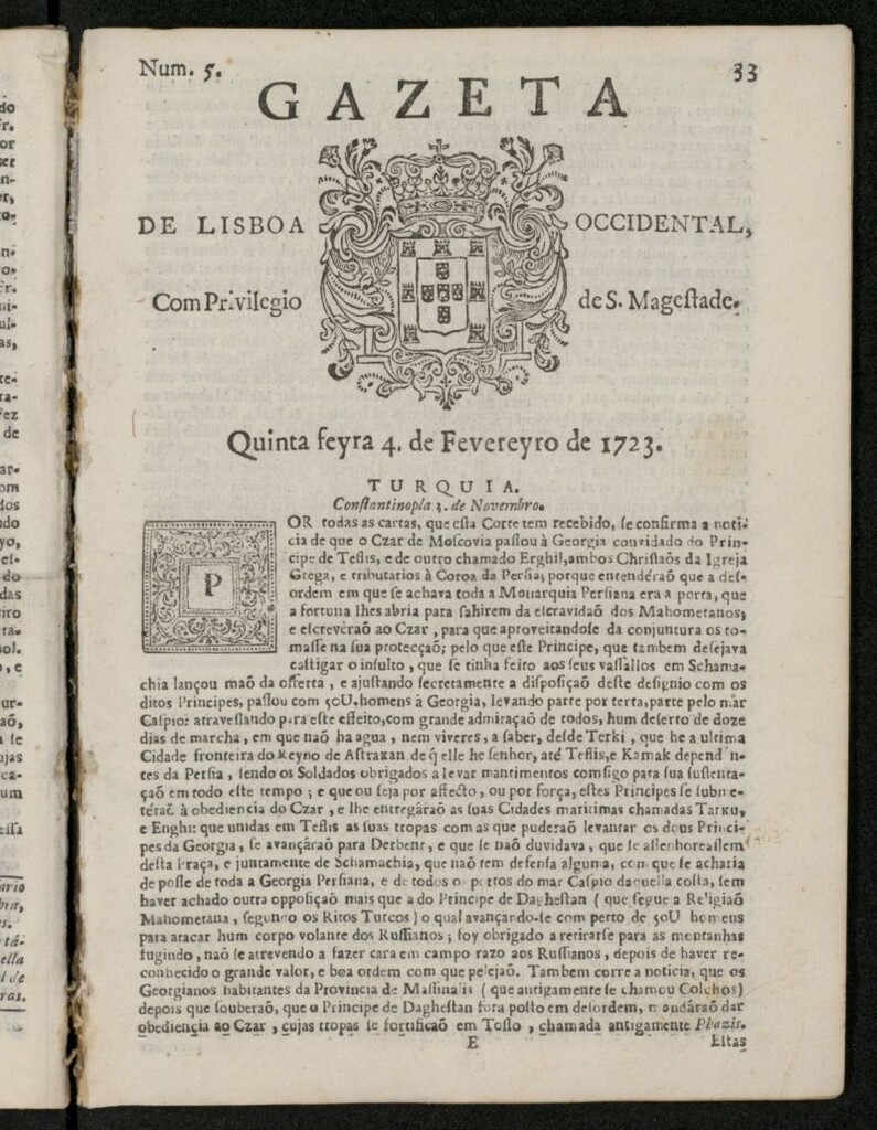 Miniatura de Gazeta de Lisboa Occidental del 4 de febrero de 1723, nº 5