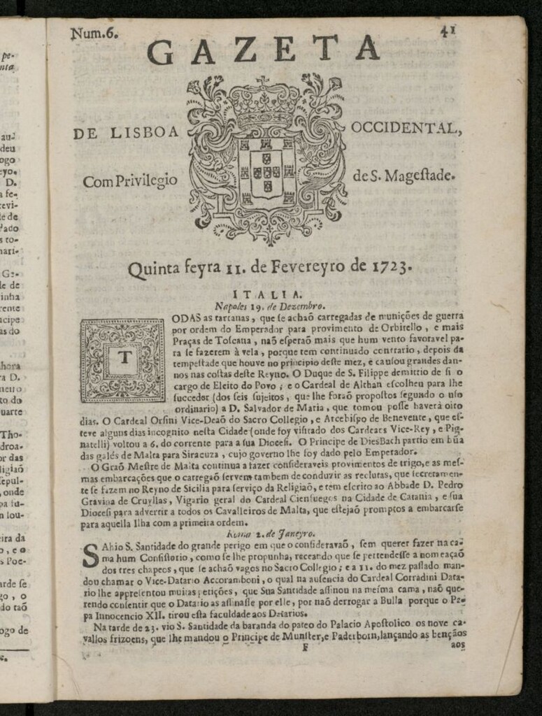 Miniatura de Gazeta de Lisboa Occidental del 11 de febrero de 1723, nº 6