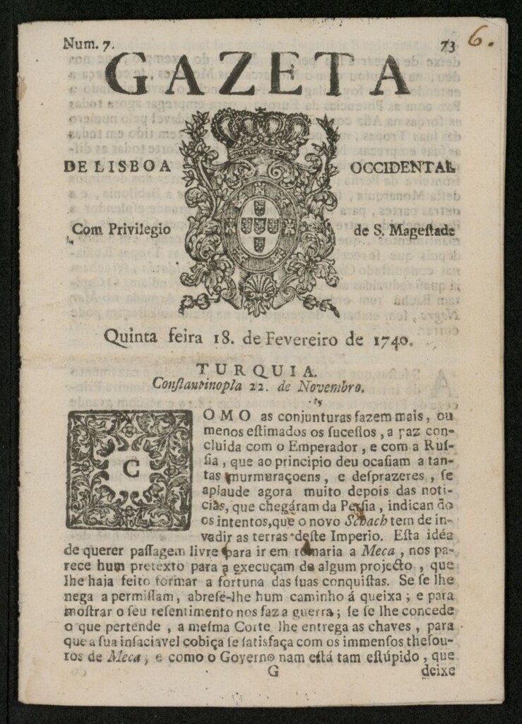 Miniatura de Gazeta de Lisboa Occidental del 18 de febrero de 1740, nº 7