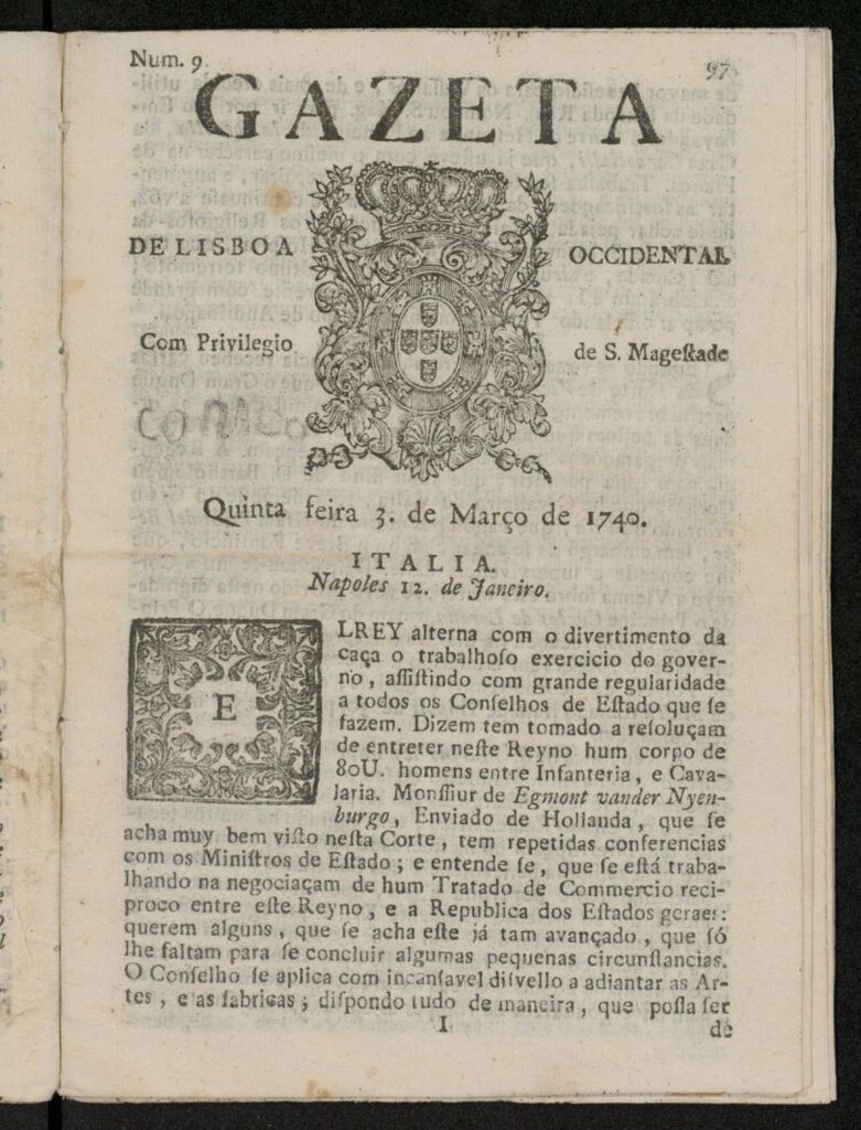 Miniatura de Gazeta de Lisboa Occidental del 3 de marzo de 1740, nº 9