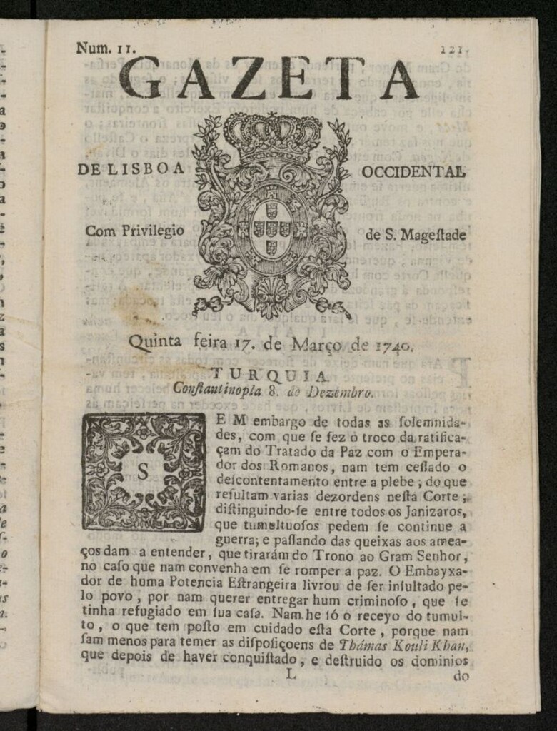 Miniatura de Gazeta de Lisboa Occidental del 17 de marzo de 1740, nº 11