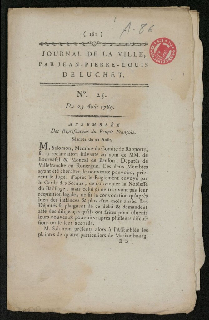 Miniatura de Journal de la Ville del 23 de agosto de 1789, nº 25