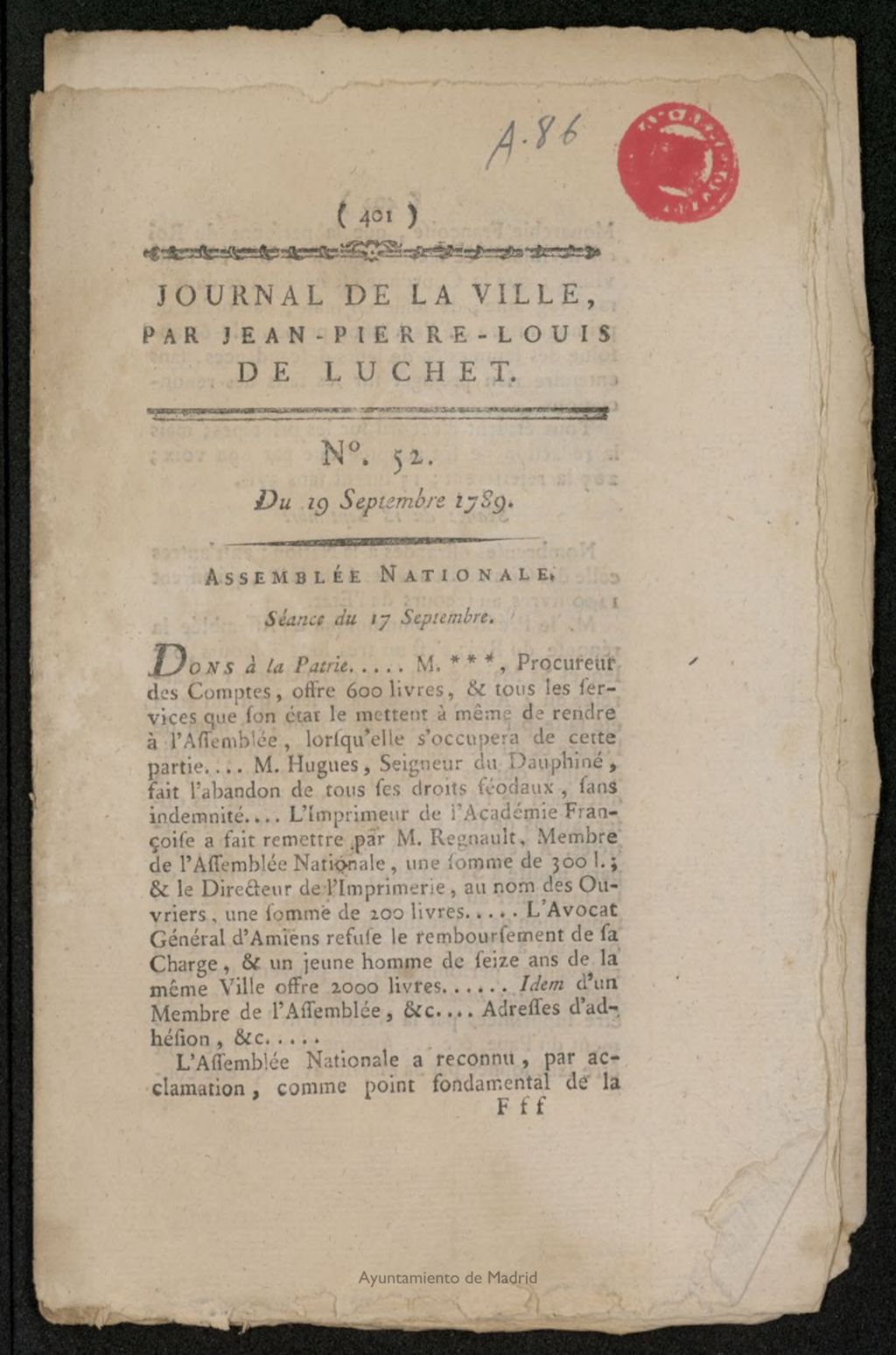 Miniatura de Journal de la Ville del 19 de septiembre de 1789, nº 52