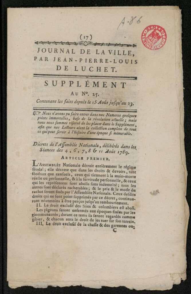 Miniatura de Journal de la Ville del 23 de agosto de 1789, suplemento al nº 25